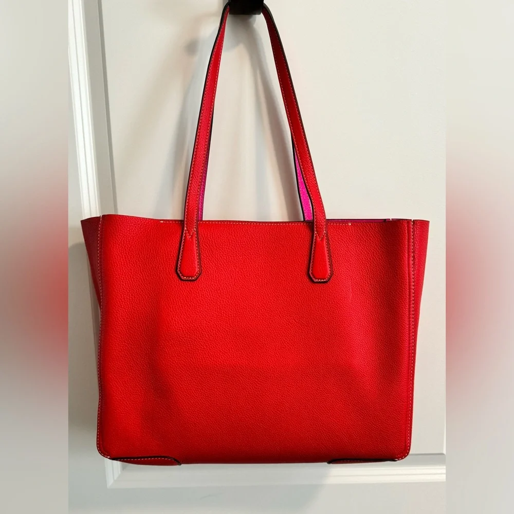 Tory Burch Large Brilliant Red/Crazy Pink Leather Pebbled Tote - Picture 2 of 12